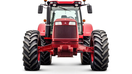 Big red agricultural tractor, front view isolated on transparent and white background.PNG image.