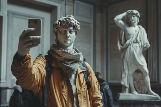 Statue wearing real clothes taking selfie in a museum with another statue, funny modern culture and tourism concept