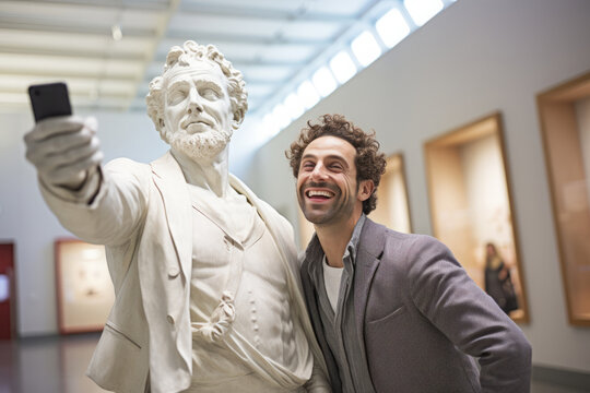 Statue taking selfie in a museum with a person, funny modern culture and tourism concept