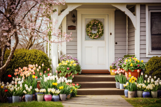 Front Porch Of A House Decorated For Spring With A Wreath On The Door And Blooming Flowers