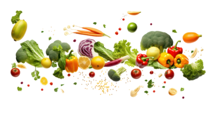 Big set falling vegetables and fruits isolated on transparent and white background.PNG image.