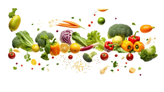 Big set falling vegetables and fruits isolated on transparent and white background.PNG image.