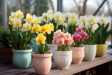 Spring flowers in white pots on a pastel background, daffodils and peonies