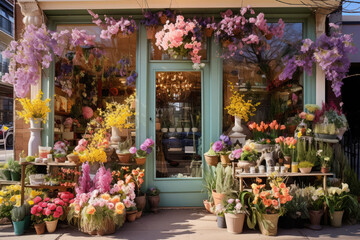 Storefront decorated for spring and Easter with flowers and whimsical decor, pastel colored decorations - obrazy, fototapety, plakaty