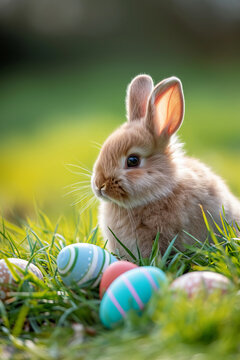 Fluffy Easter bunny sitting in grass with colored Easter eggs, Easter postcard idea