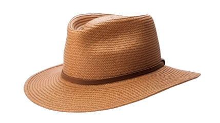 Brown wide brim straw hat with white scree isolate on white background.