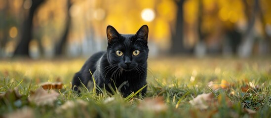 Black cat is sitting on the grass.
