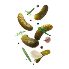 Tasty pickled cucumbers, herbs and spices falling on white background