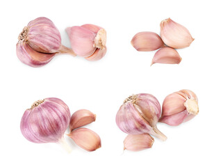 Fresh garlic bulbs and cloves isolated on white, top view