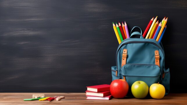 Back to school essentials: colorful school backpack, books, and supplies against blackboard background - education concept