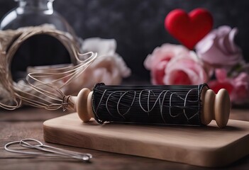  whisk love mother's wire wooden shape rolling background pin images table text heart text concept Black place - Powered by Adobe