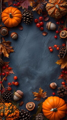 Obraz na płótnie Canvas Autumn holiday frame with decorative pumpkins, dried foliage, berries, pinecones, and acorns