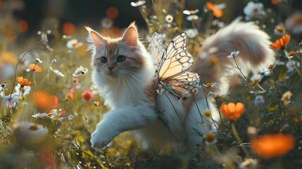 Adorable cat wearing a butterfly wings, cute fluffy white kitten walking flower feilds, pet animal in costume joke message greeting card concept