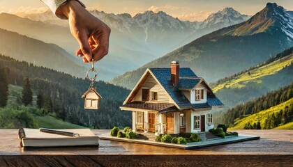 Real estate agents offer contracts to buy or rent housing. Businessman holding model small building house with property insurance at table in home sales Office