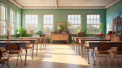Fototapeta premium Modern educational space: 3d rendering of a spacious classroom interior with contemporary design