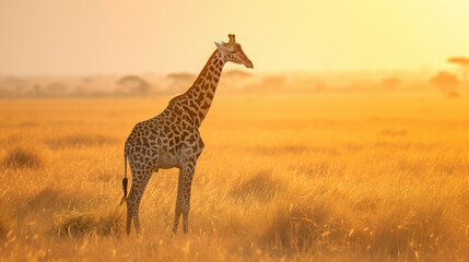 Obraz premium Giraffe in the Savannah at sunset, wide landscape shot