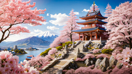 Obraz premium Sacred Temple of Rose Cherry Blossoms