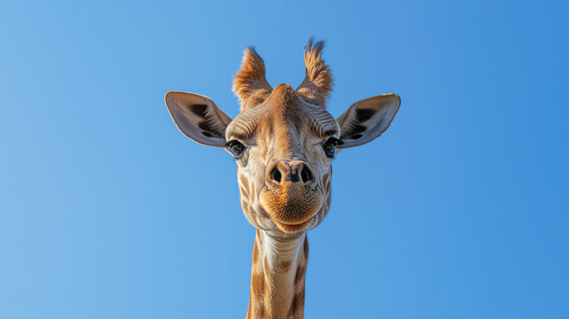 Funny giraffe portrait looking at camera, blue background