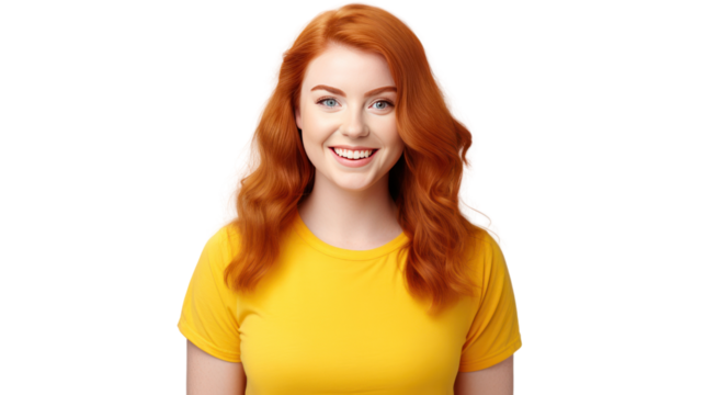 Charming bright happy young ginger chubby overweight looking camera smiling isolated on transparent and white background.PNG image.