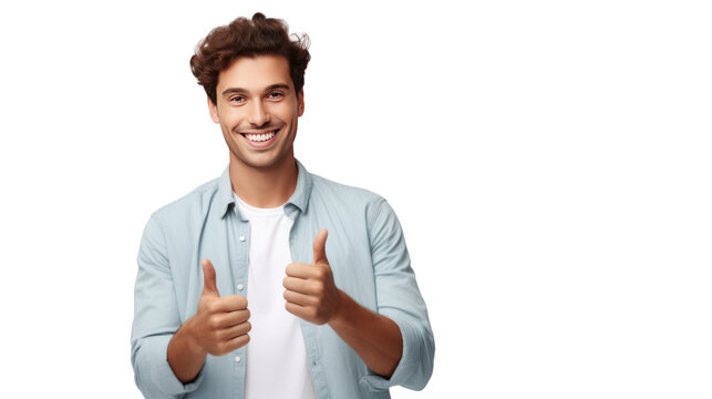 Handsome young man in casual wear keeping and giving a thumbs up isolated on transparent and white background.PNG image.