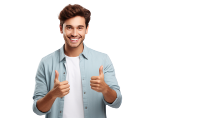 Handsome young man in casual wear keeping and giving a thumbs up isolated on transparent and white background.PNG image.