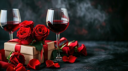 red flower roses next to a wine gift box two wine glasses holding wine Valentine's or woman day Ai generated