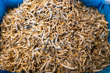  dried anchovies pile in Asian market in Malaysia