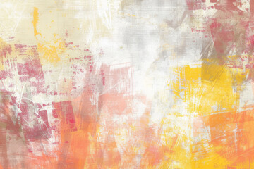 Abstract canvas painting with textured brushstrokes in yellow, red, and white tones with a distressed look.