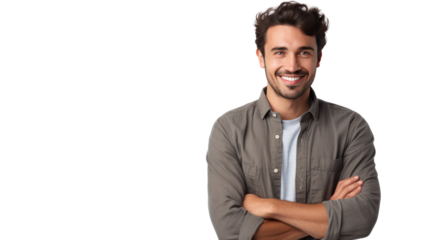 Handsome young man in casual wear keeping arms crossed and smiling while standingisolated on transparent and white background.PNG image.