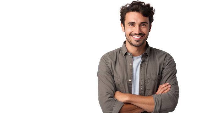 Handsome young man in casual wear keeping arms crossed and smiling while standingisolated on transparent and white background.PNG image.