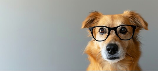 Adorable intellectual dog wearing oversized black glasses on grey background with copy space