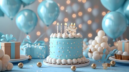 sweet baby blue birthday cake with candles and balloon decoration for birthday background, card, poster