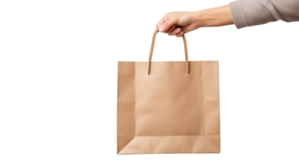 Close up female holds in hand brown clear empty blank craft paper bag isolated on transparent and white background.PNG image.