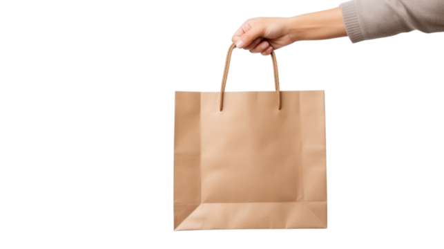 Close up female holds in hand brown clear empty blank craft paper bag isolated on transparent and white background.PNG image.