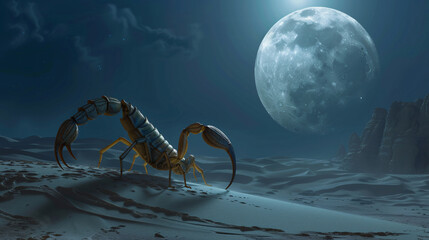 A Sinister Scorpion Lurking in a Desert Under a Full Moon, Evoking Danger and the Harshness of Nature