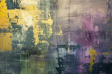 Abstract textured art with a gritty mix of yellow, purple, and grey hues, showcasing dynamic brushwork and splatter on canvas.