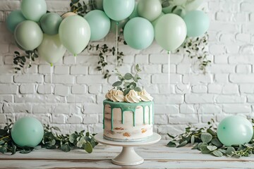 sweet birthday cake with balloon for birthday banner, party celebration or festival poster with green balloon and decoration