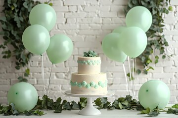 sweet birthday cake with balloon for birthday banner, party celebration or festival poster with green balloon and decoration