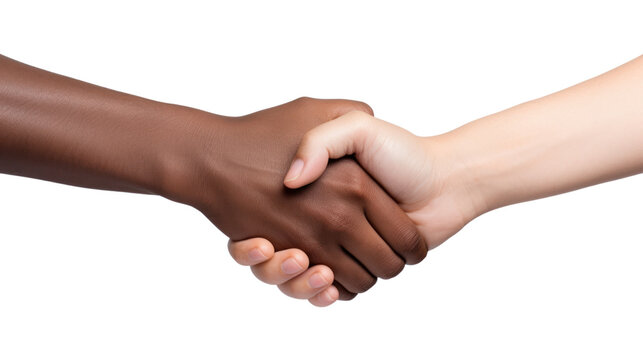 Closeup picture of a man and woman shaking hands isolated on transparent and white background.PNG image.