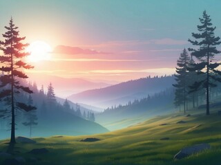 Pine forest and beautiful sunrise illustration, AI generative