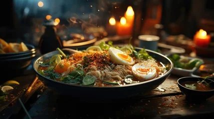 Fotobehang Delicious ramen noodles with egg topping on top, blur background © GradPlanet