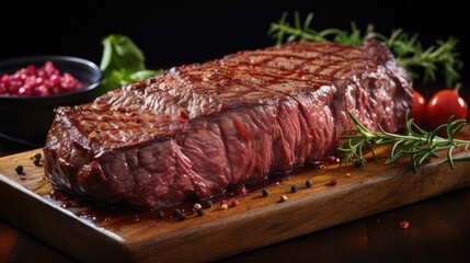 Grilled steak with melted barbeque sauce on a black and blurry background
