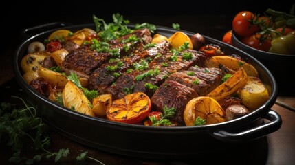 delicious pot roast meat with black and blur background