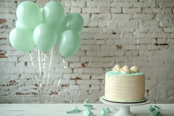 cute and sweet birthday cake with balloon in pastel green color for birthday banner, party...