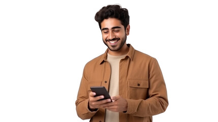 Confident positive handsome indian or arabian young man, holding smartphone isolated on transparent and white background.PNG image.
