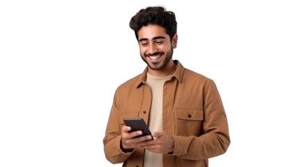 Confident positive handsome indian or arabian young man, holding smartphone isolated on transparent and white background.PNG image.