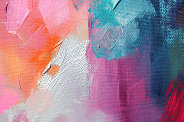 Close-up of an abstract painting with bold textured brushstrokes in orange, pink, and blue.