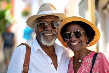 Beautiful black senior couple having fun while visiting small Italian town on sunny summer day. Elderly man and woman posing on city street.