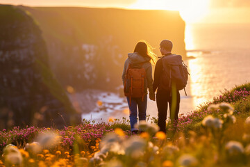 A couple of young hikers with heavy backpacks admiring scenic view of spectacular Irish nature. Breathtaking landscape of Ireland. Hiking by foot.