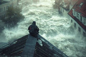 Obraz premium Individual Facing Urban Flooding Catastrophe.